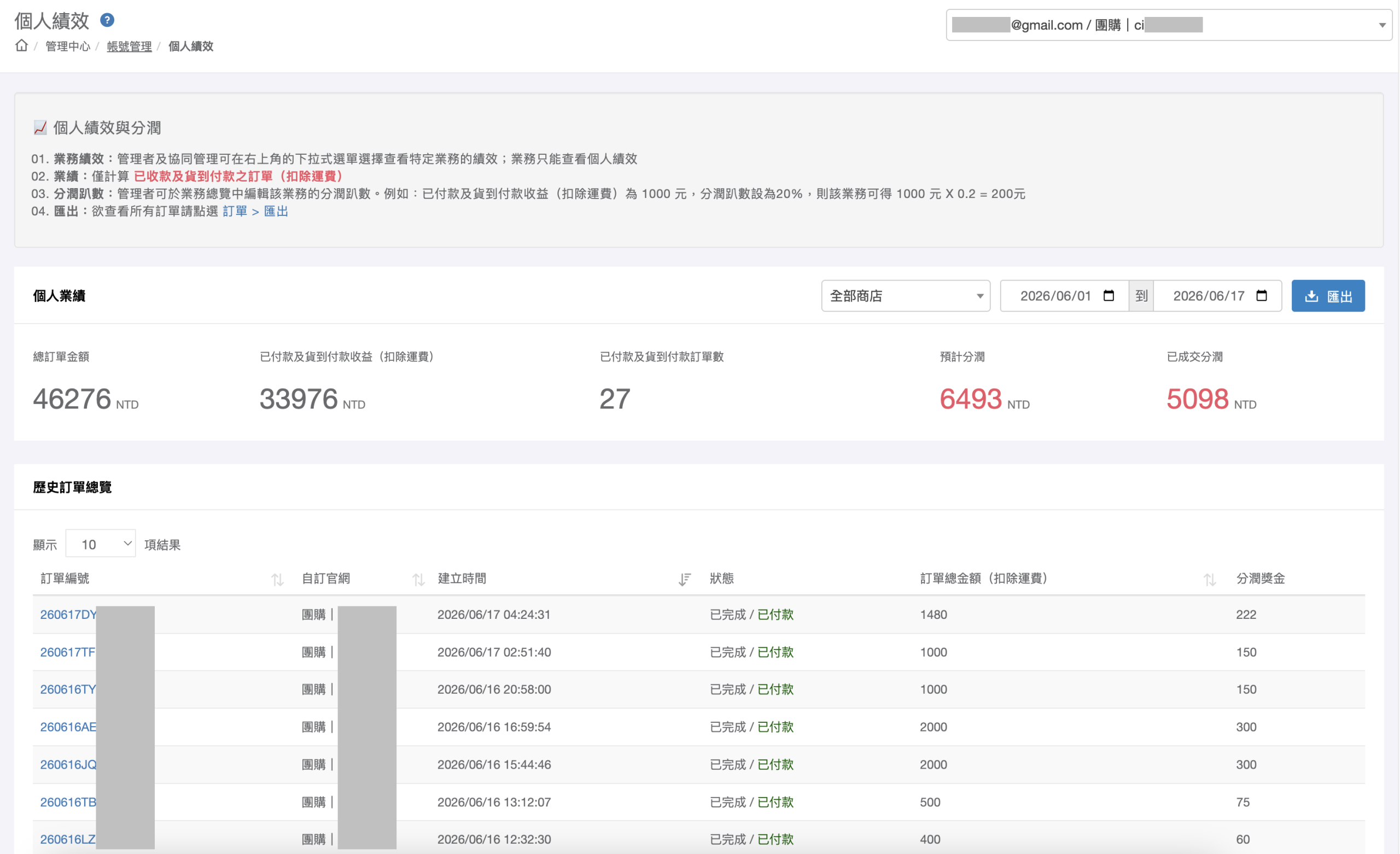個人績效頁查看自己的分潤