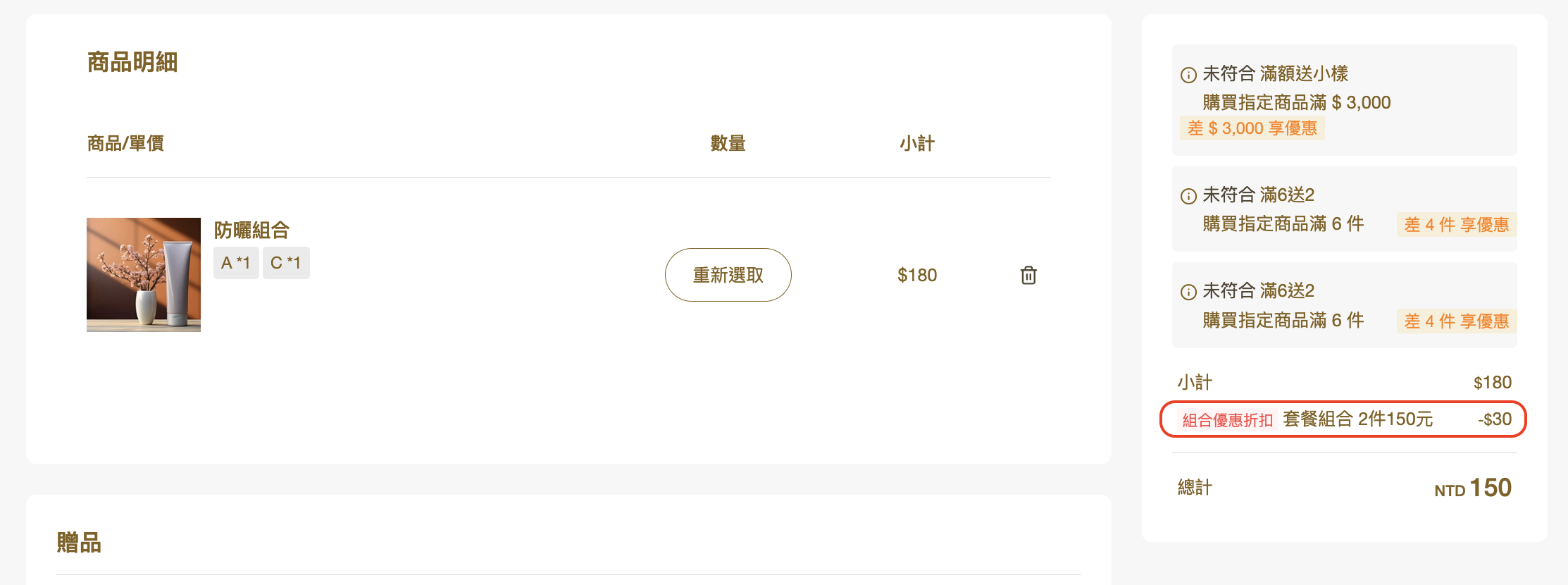 購物車顯示組合優惠折扣
