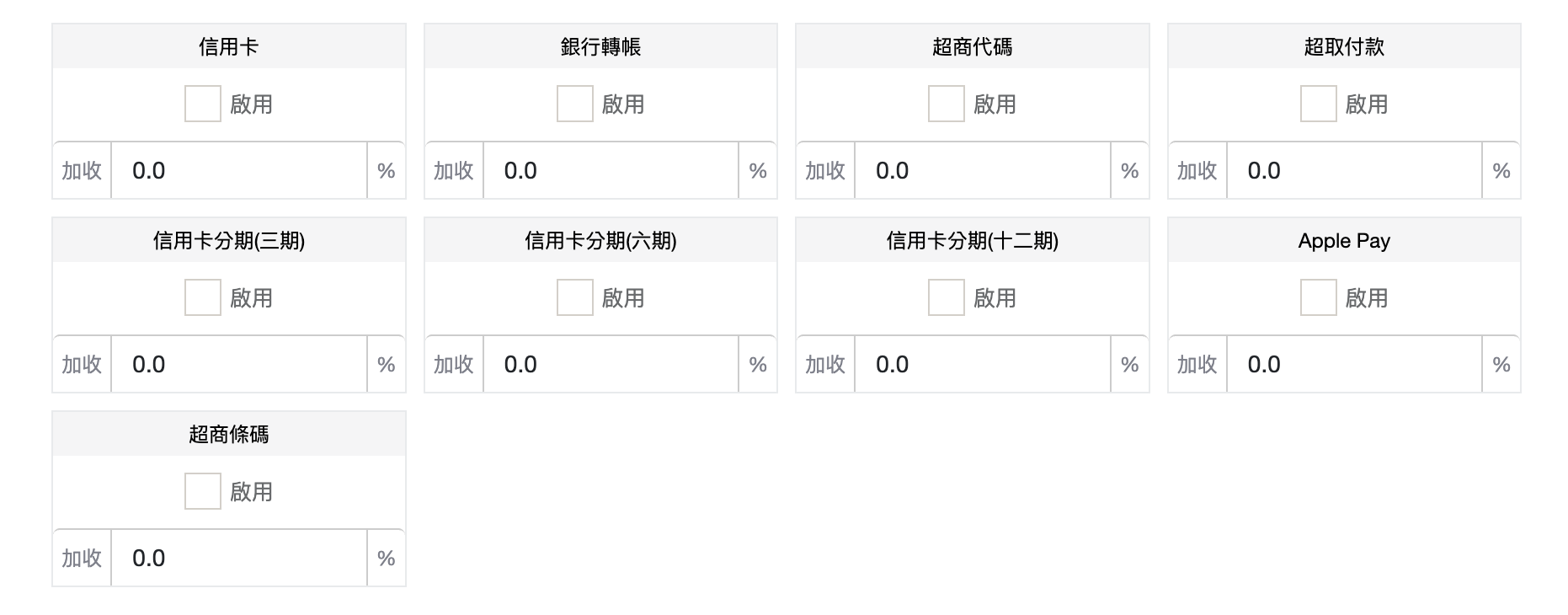 勾選付款方式並設定加收手續費