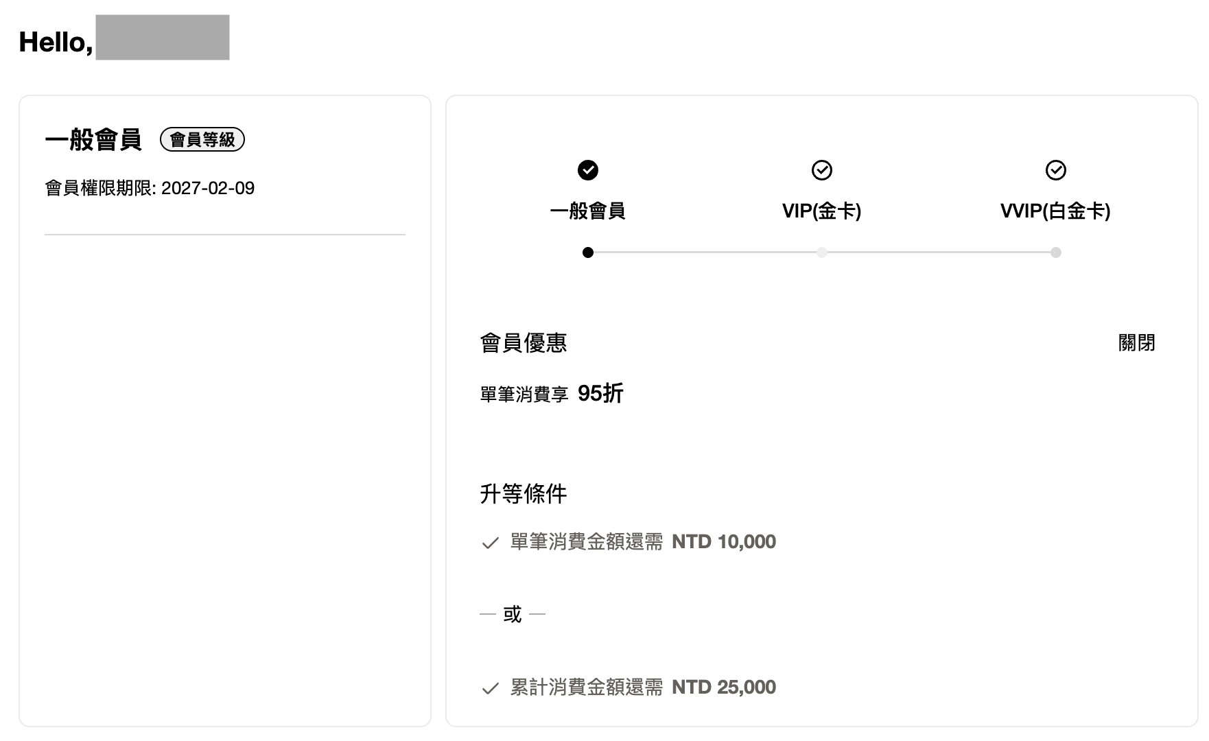 建立入門等級後顧客看到的會員中心畫面