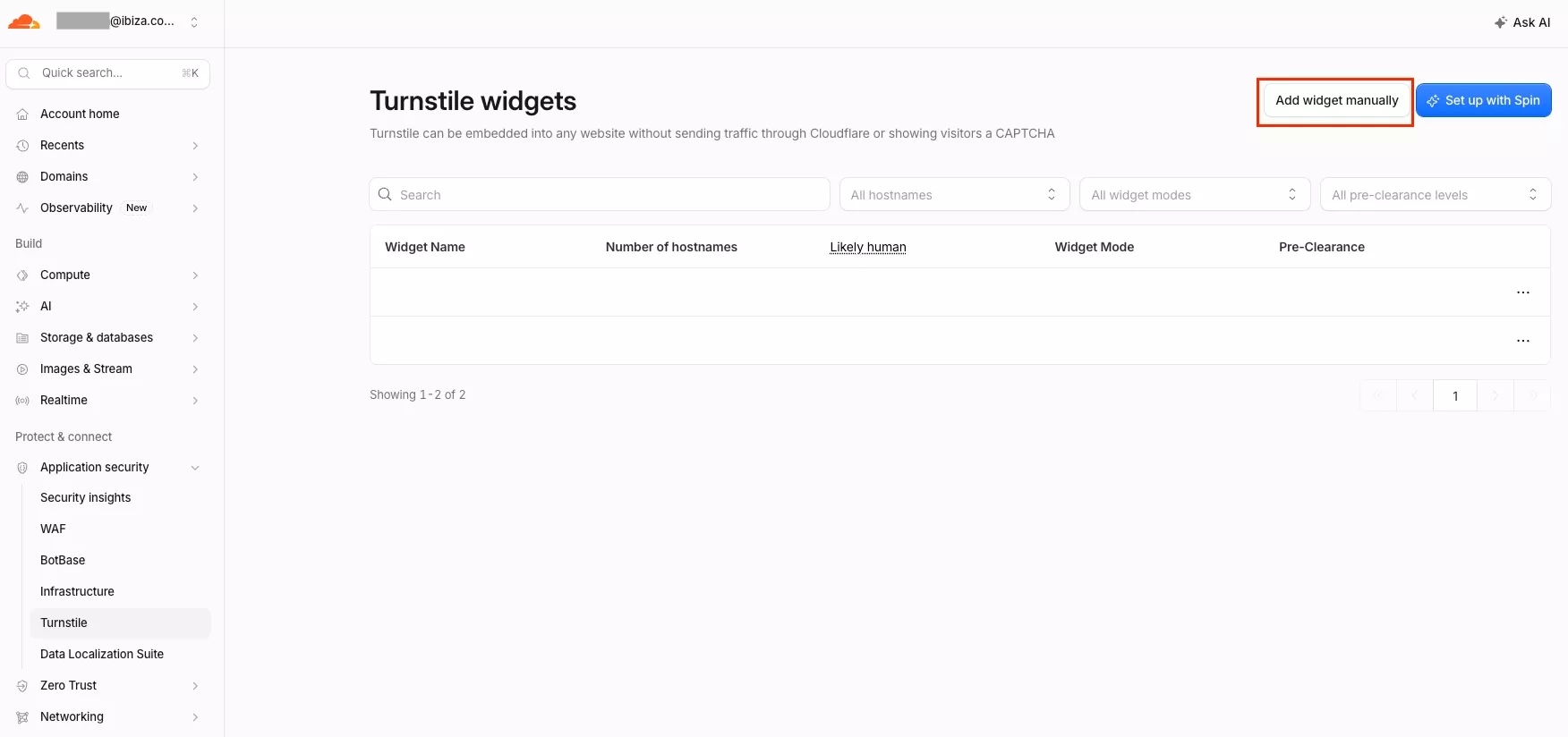Turnstile widgets 頁面點 Add widget manually
