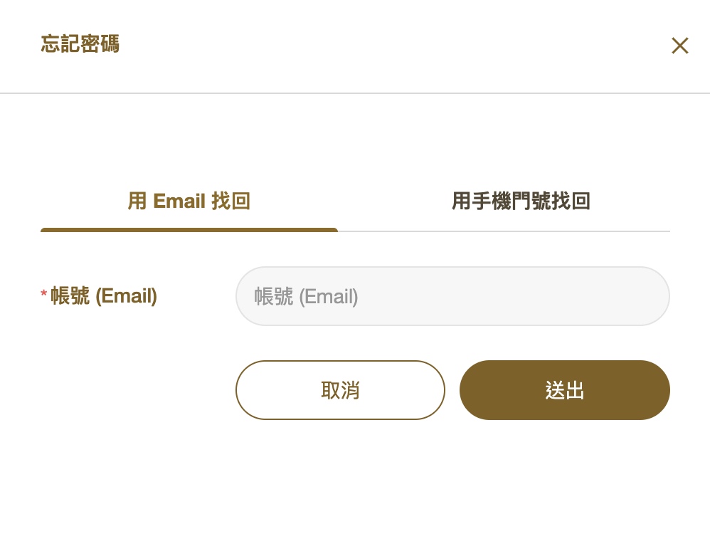 Email+手機模式的忘記密碼畫面:切在「用 Email 找回」分頁